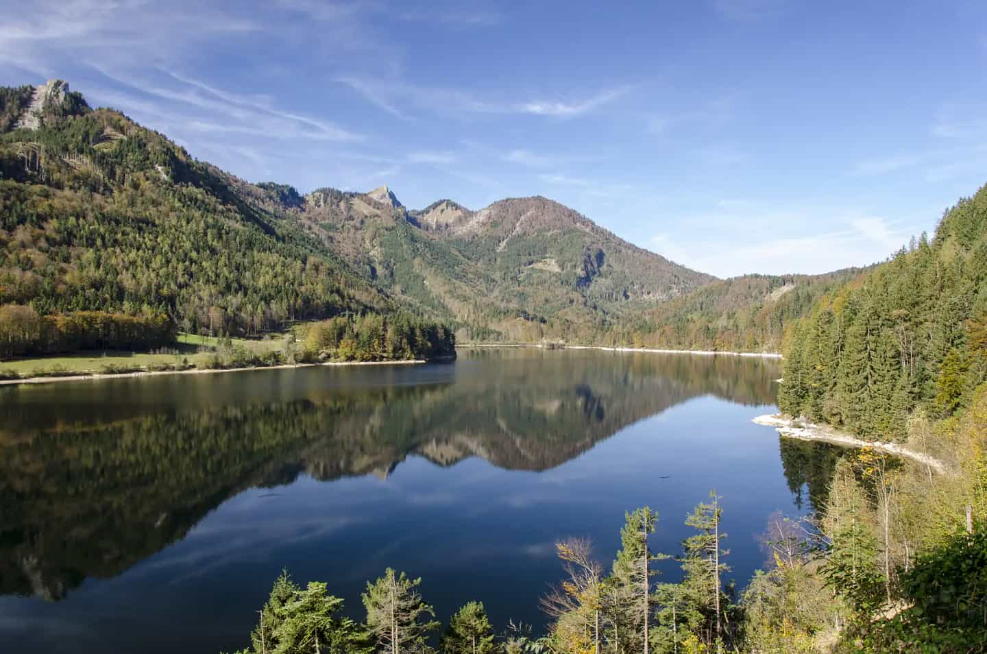 Mountains and forest reflected in an alpine lake